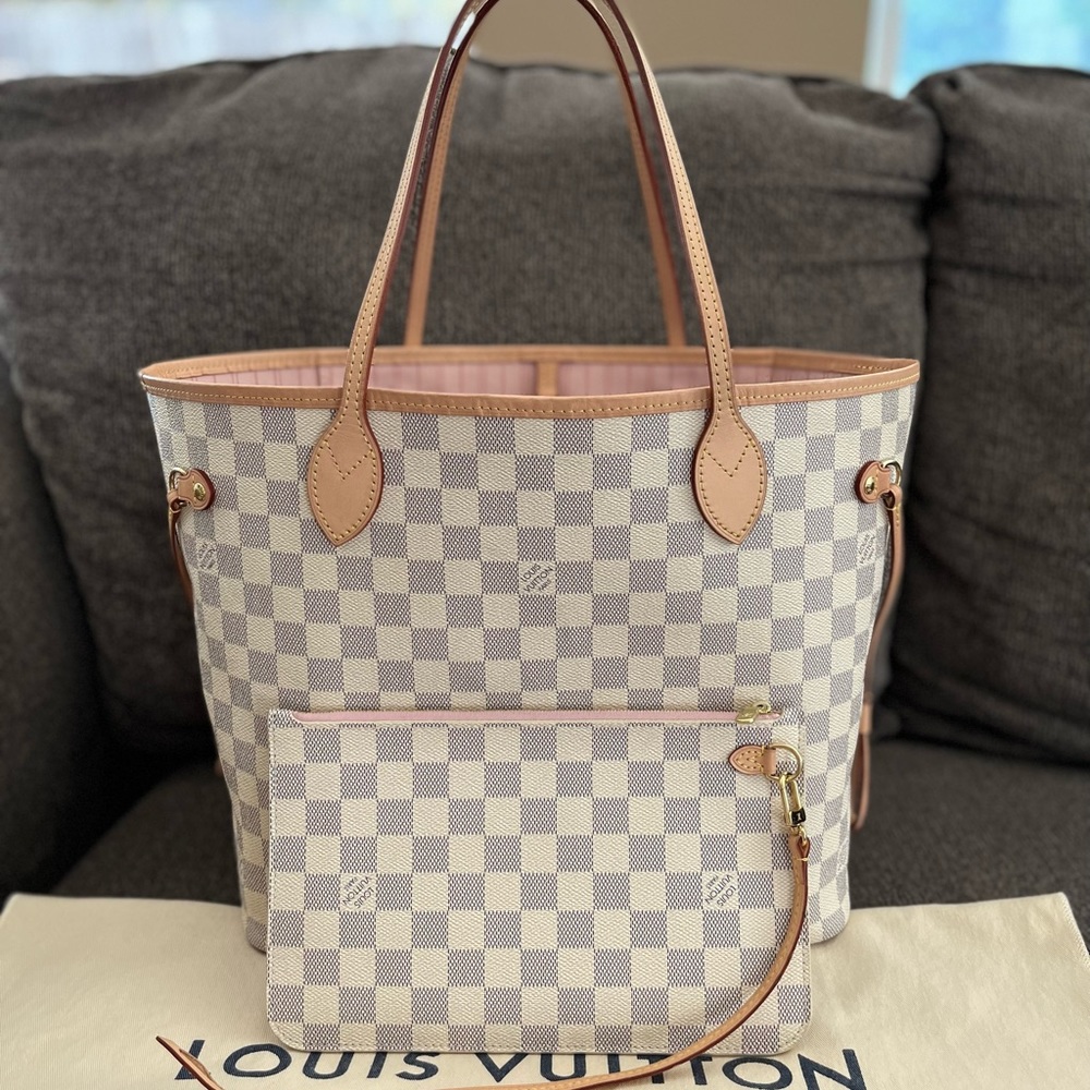 Authentic Neverfull MM Azur with Rose Ballerine interior